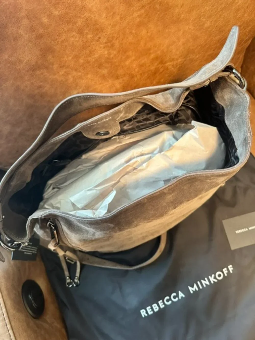 Rebecca Minkoff M.A.B. Hobo Suede Shoulder Bag in Porcini Gunmetal Hardware EUC